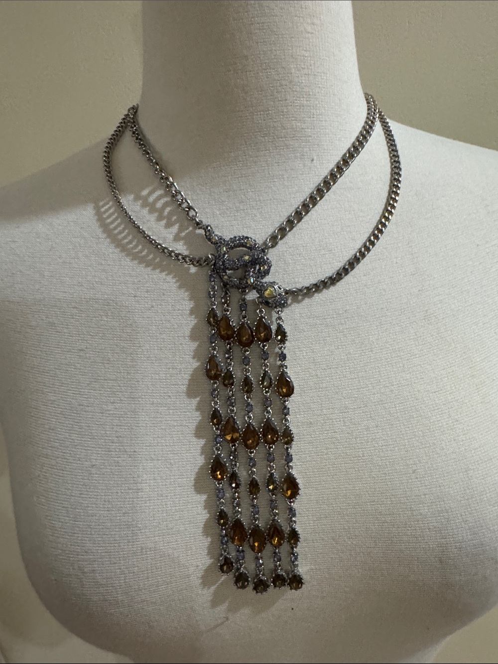 Betsey Johnson Silver-Tone Necklace with Amber Teardrop Fringe